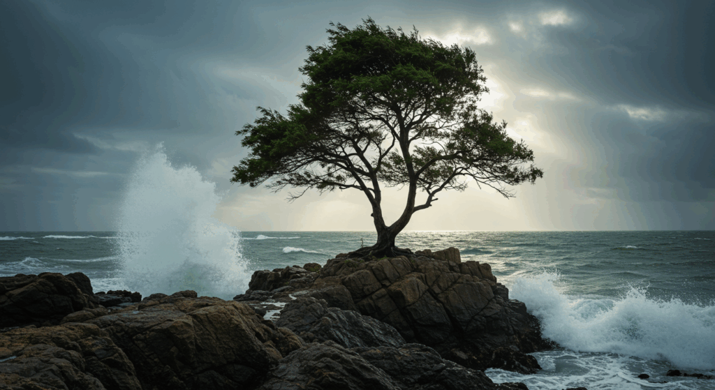 荒波が打ち付ける岩場に、一本だけしなやかに立ち、波を受け流している柳の木。強さと柔軟性を表現