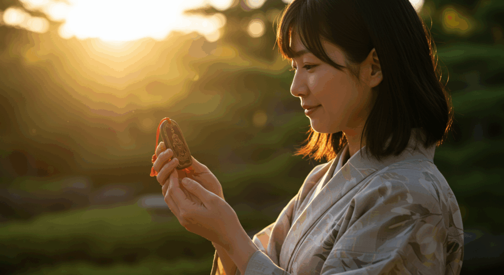 夕暮れの光の中で、かなえやの護符を両手で優しく包み込んでいる日本人の女性の手元