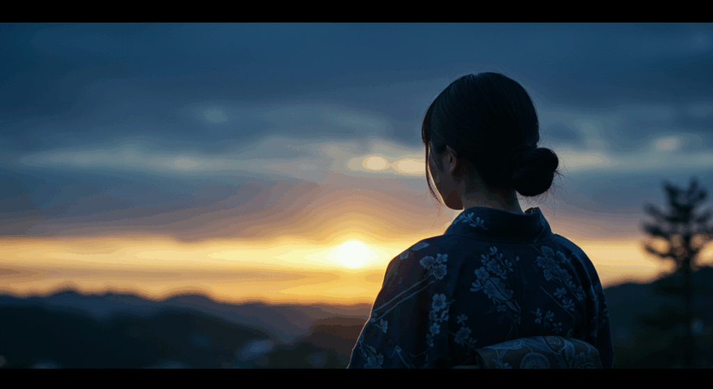 夜明け前の薄暗い空と、地平線から差し込み始めた一筋の光。その光を静かに見つめる日本人の女性の背中。