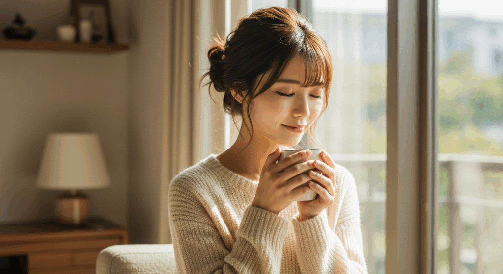 柔らかな日差しが差し込む部屋で、温かいマグカップを両手で包み、穏やかな表情で目を閉じている日本人女性。心からリラックスしている様子。