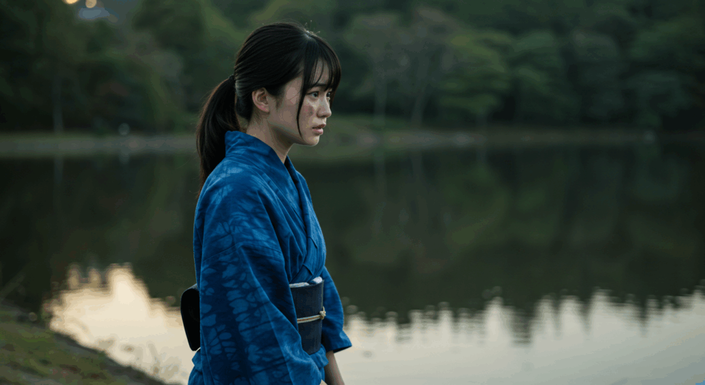 穏やかな湖畔で、静かな水面をじっと見つめている日本人の女性。不安と期待が入り混じったような、繊細な表情をしている。