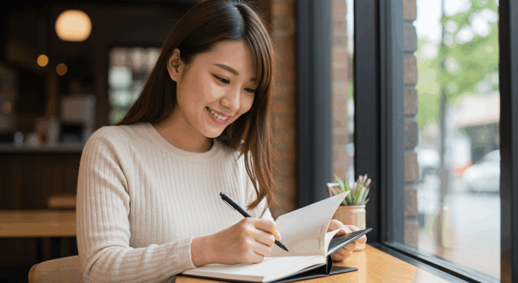 カフェの窓際で、新しい手帳に楽しそうな表情で何かを書き込んでいる日本人女性。未来への計画を立てる、小さな一歩を踏み出している様子。
