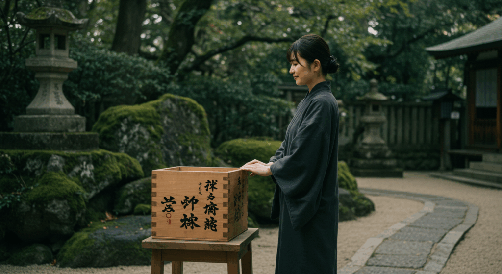 静かで厳かな雰囲気の神社境内にある「古札納所」と書かれた木製の箱の前に立つ、落ち着いた服装の日本人女性