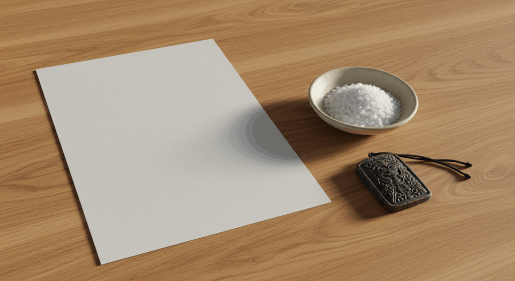 ナチュラルな木目のテーブルの上に、白い紙、小皿に入った天然塩、そして「かなえやの護符」が静かに置かれている様子