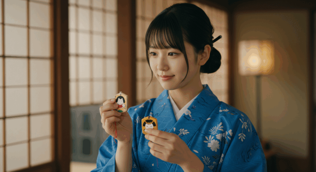 かなえやの護符2枚を手に取り、優しく微笑みながら組み合わせを考えている日本人女性