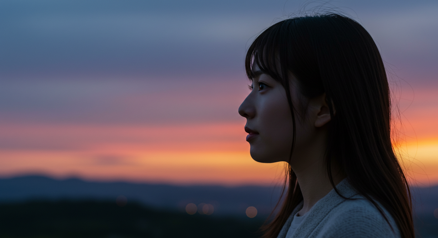 かなえや護符の好転反応を乗り越えた先にある希望の未来を象徴する、夜明けの光を見つめる日本人女性