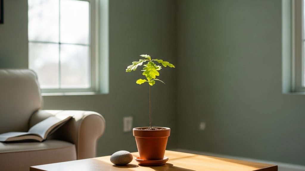 窓辺に置かれた小さな植物が光を浴びている静かな風景