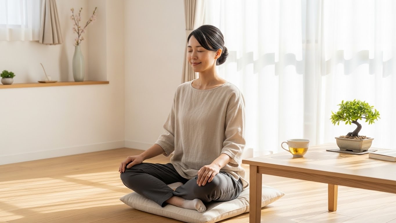 30代日本人女性、清潔でミニマルな部屋のフロアクッションに座り、レースのカーテン越しに柔らかな日差しが入る。目を閉じて深呼吸し、リラックスして平和な表情。近くのローテーブルにはハーブティーと小さな植物
