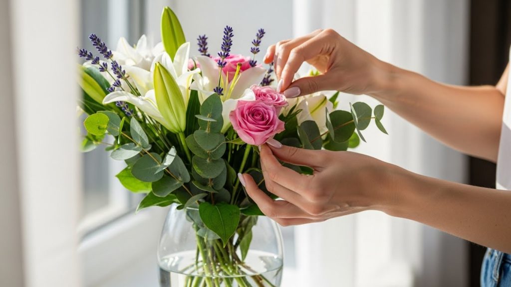 窓辺で花を活ける女性の手元。日常の動作を丁寧に行うマインドフルネスなひととき