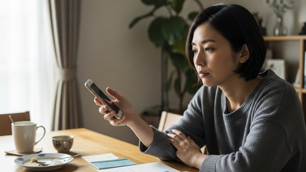 将来への漠然とした不安を感じながらスマートフォンを見る30代女性