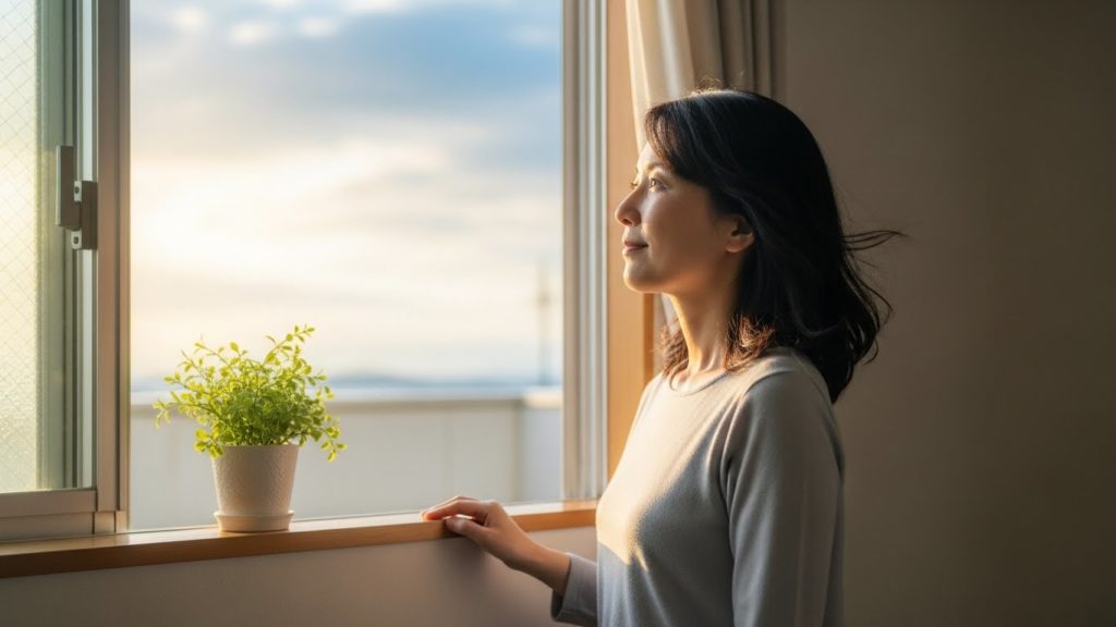 窓を開けて朝の空気を感じながら、穏やかな表情で空を見上げる女性