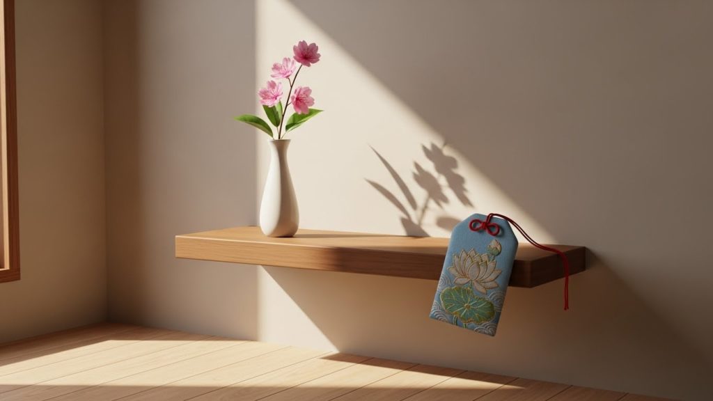 部屋の一角にある整えられた棚、花と護符が飾られている静かな空間