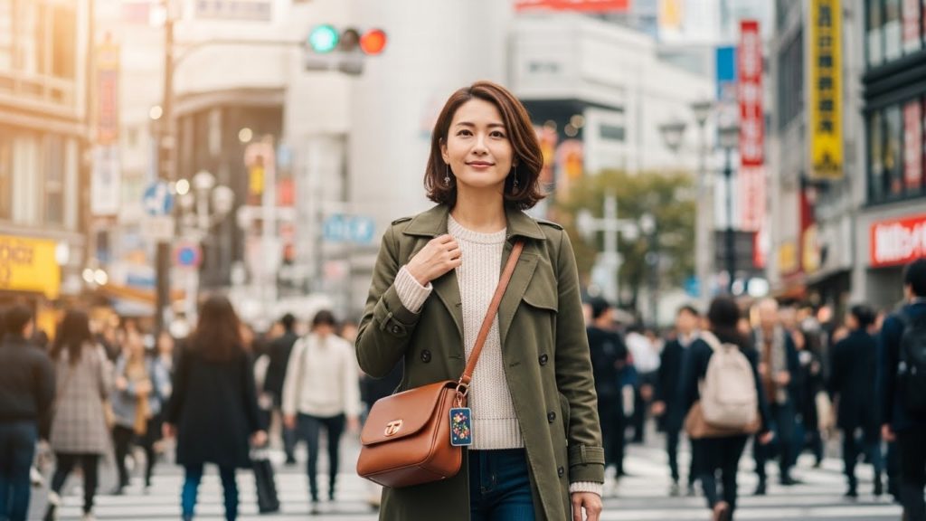 雑踏の中でバッグの中のお守りに触れ、穏やかな表情で歩く女性